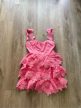 elliatt miri pink tiered lace smocked bodice mini summer sun dress small NEW
